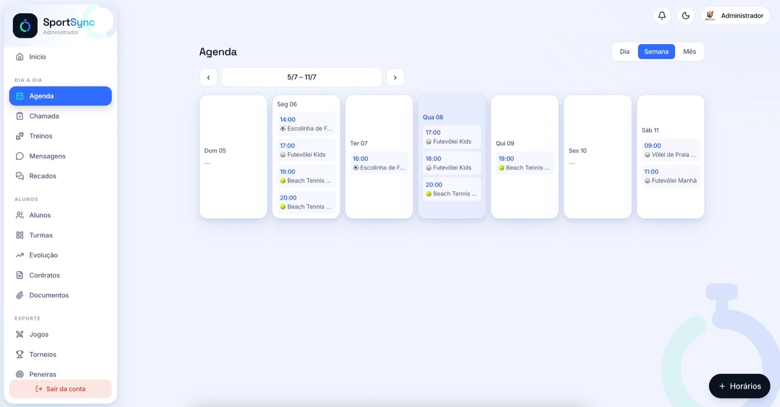 Tela de Agenda da semana do SportSync
